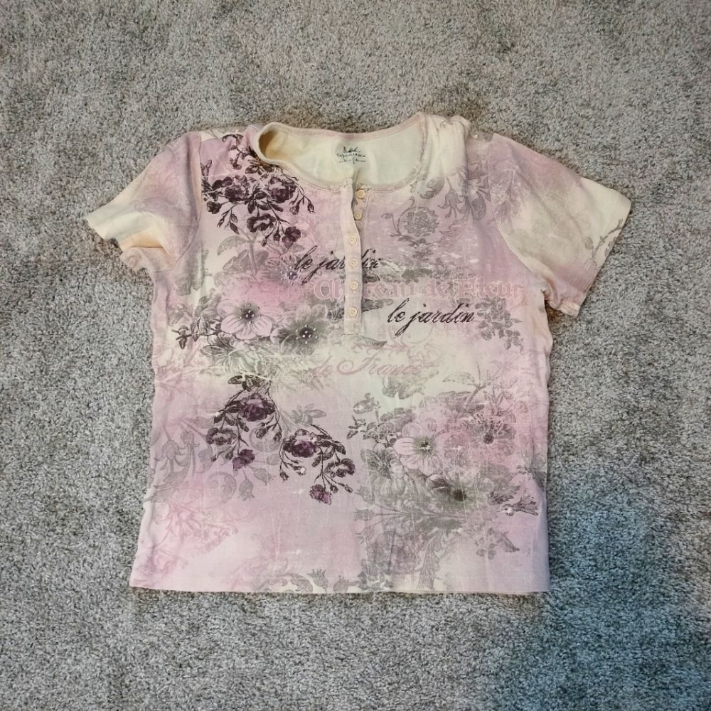 Pink Vintage Y2K Coquette Floral Henley Baby Tee Quarter Button Up Sz L